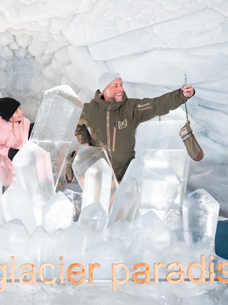 Visitors exploring ice sculptures at Matterhorn Glacier Paradise.