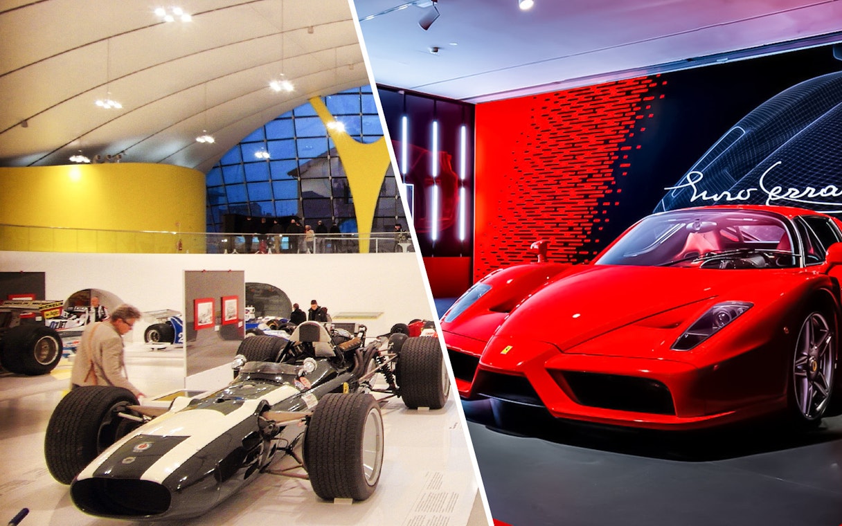 Maranello Ferrari Museum race car and Modena Enzo Ferrari Museum red sports car display.