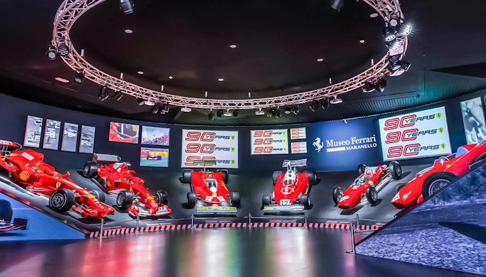 Ferrari race cars on display at Maranello Ferrari Museum, part of the combo ticket with Modena Enzo Ferrari Museum.