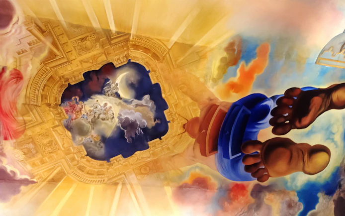 Surreal ceiling mural in Dali Theatre-Museum, Figueres, depicting figures and clouds.