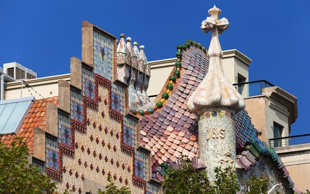 Casa Amatller's colorful facade with intricate tile work and unique architectural details in Barcelona.