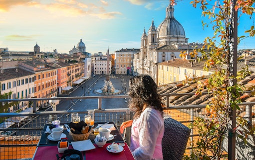 Breakfast overlooking Piazza Navona, Rome, during Vatican City tour.