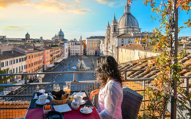 Breakfast overlooking Piazza Navona, Rome, during Vatican City tour.