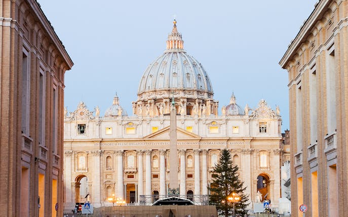 St. Peter's Basilica facade in Vatican City during a tour with breakfast and hotel pick-up.