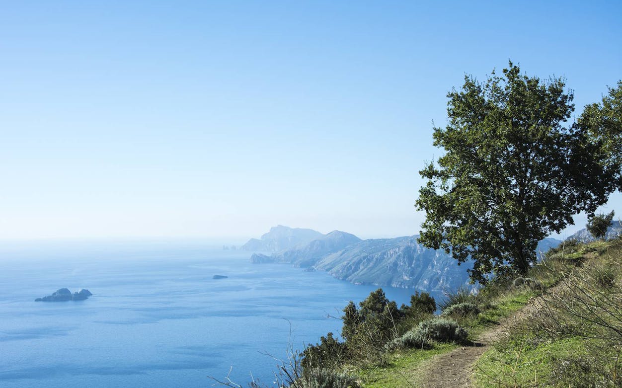 Path of the Gods trail overlooking Amalfi Coast with sea view, Italy.