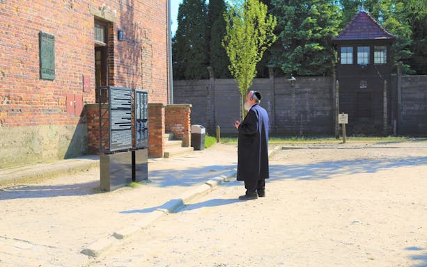 Visitor with headphones at Auschwitz-Birkenau Museum entrance, examining informational display.