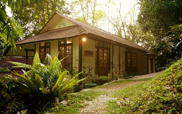 Traditional house surrounded by greenery in Penang for local market and cooking class.