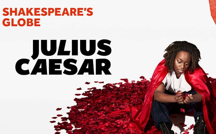 Shakespeare's Globe Julius Caesar performance with actor in red cape.