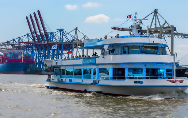 Ferry cruising near Hamburg port cranes on XXL Tour Blankenese.
