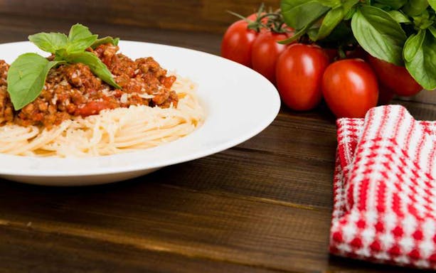Spaghetti with tomato sauce and basil at Neapolitan cooking school in Sorrento.