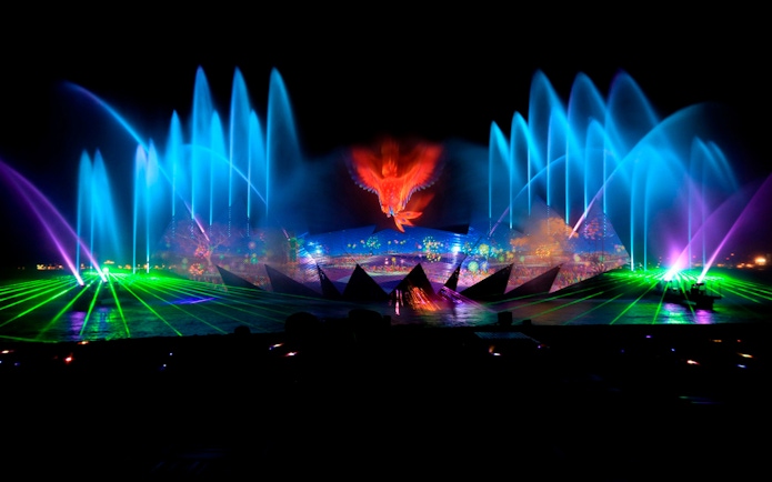 Singapore Wings of Time night show with colorful fountains and laser lights.