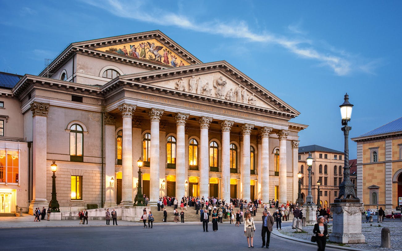 Bavarian State Opera building in Munich during the city walk and English Garden tour.