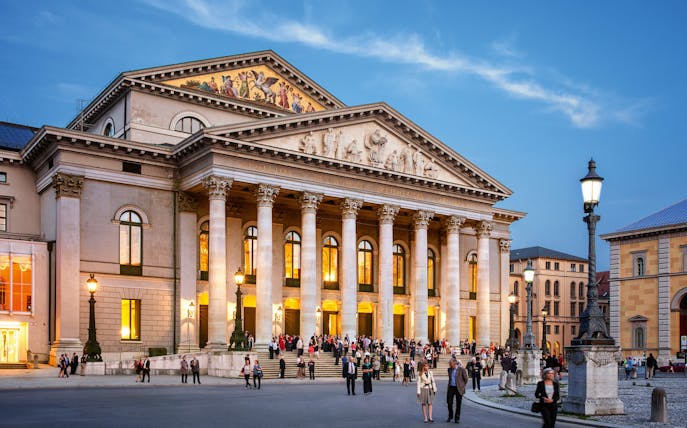 Bavarian State Opera building in Munich during the city walk and English Garden tour.