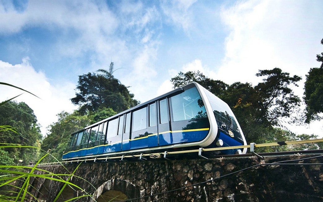 Funicular train ascending Penang Hill amidst lush greenery.