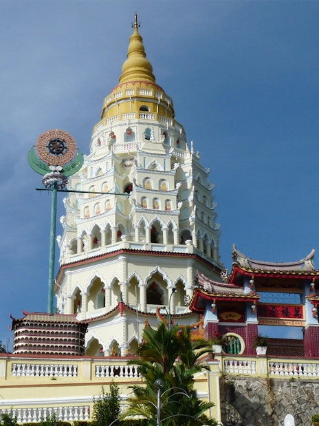 Kek Lok Si Temple pagoda on Penang Hill, Malaysia, with intricate architecture.