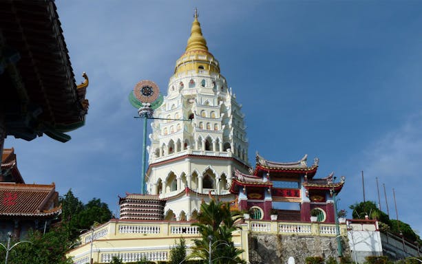 Kek Lok Si Temple pagoda on Penang Hill, Malaysia, with intricate architecture.