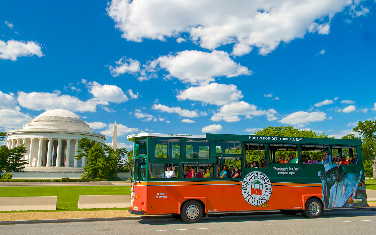 Old Town Trolley in front of Jefferson Memorial, Washington DC.