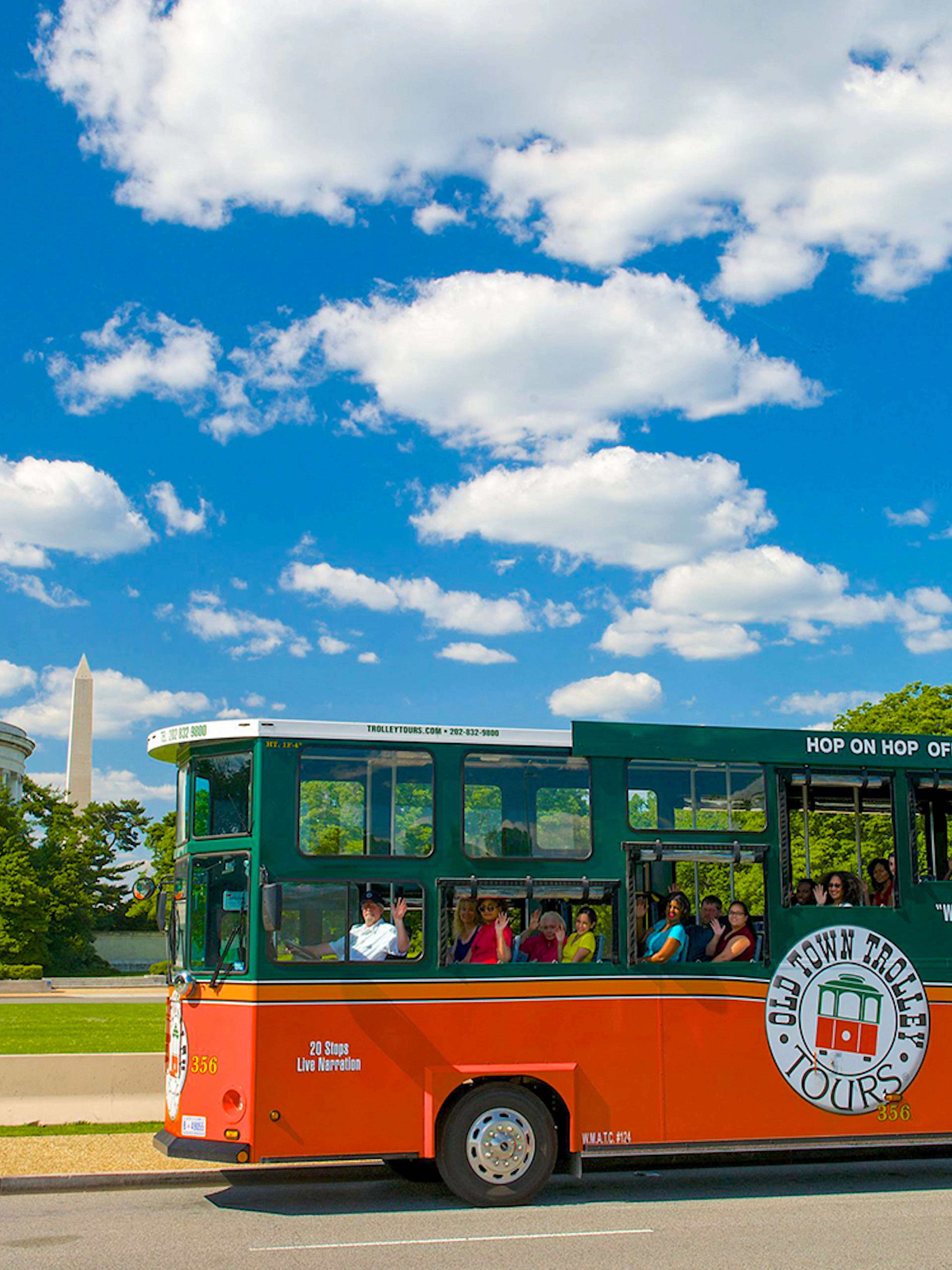 Old Town Trolley in front of Jefferson Memorial, Washington DC.
