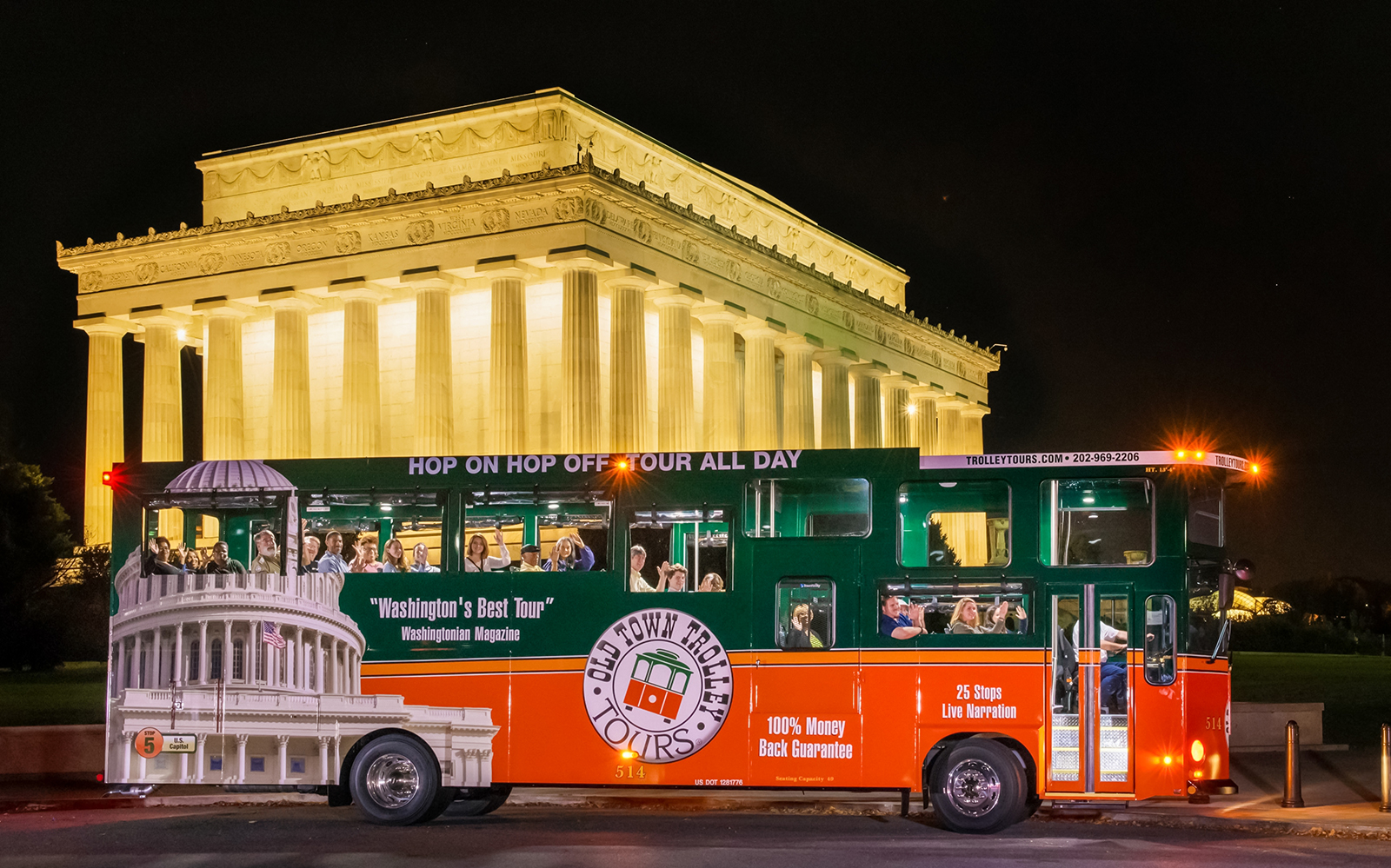 Old Town Trolley in front of the illuminated Lincoln Memorial, Washington DC.