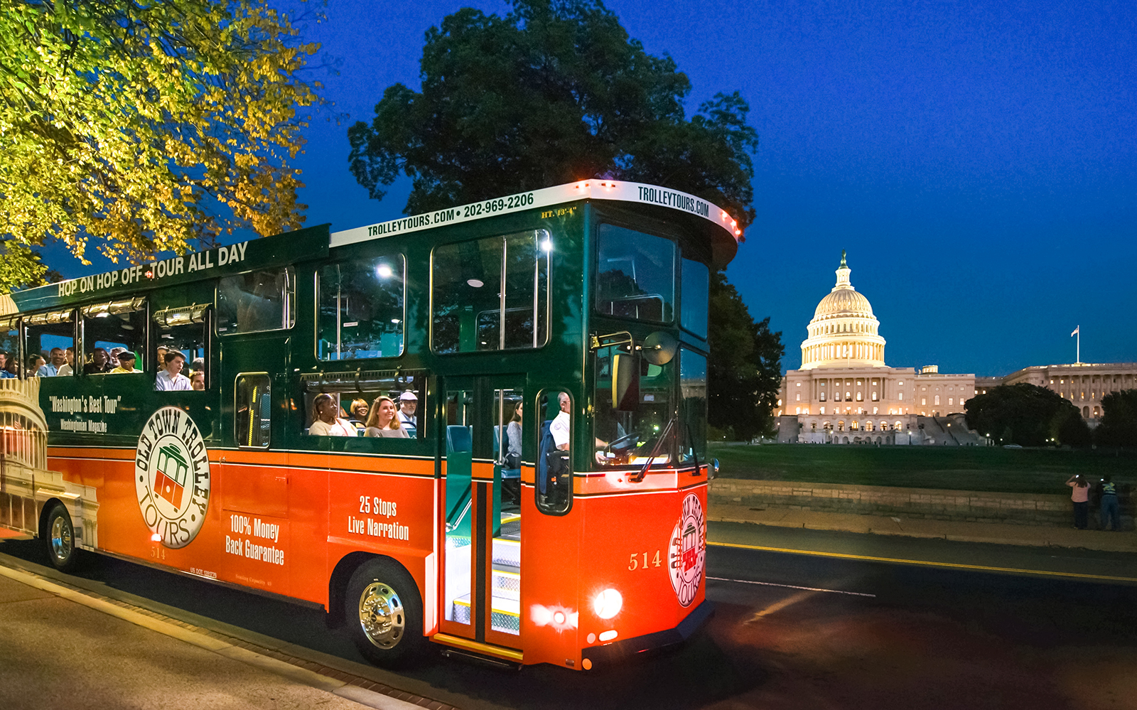 Old Town Trolley in Washington DC with Capitol Building in the background.
