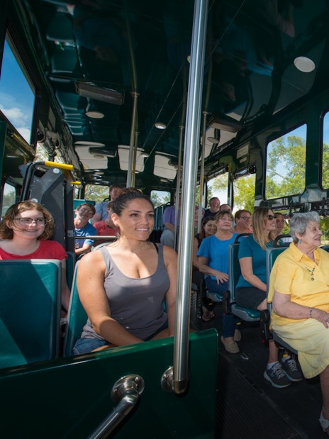 Passengers on Nashville hop-on hop-off trolley tour passing the Parthenon replica.