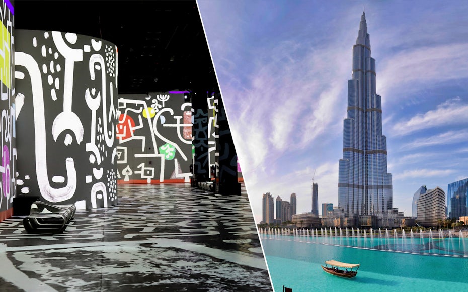 Infinity des Lumières digital art exhibit and Burj Khalifa in Dubai.