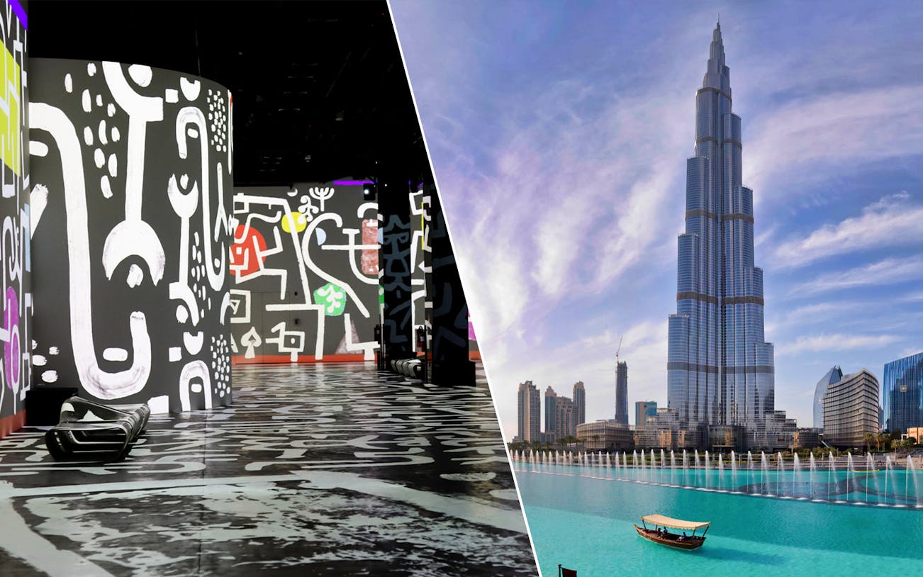 Infinity des Lumières digital art exhibit and Burj Khalifa in Dubai.