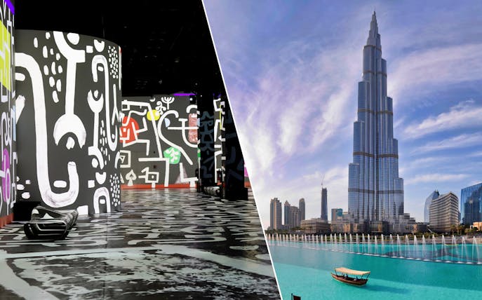 Infinity des Lumières digital art exhibit and Burj Khalifa in Dubai.