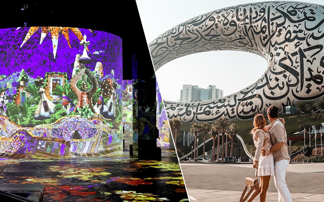 Infinity des Lumières digital art display and Museum of The Future exterior in Dubai.