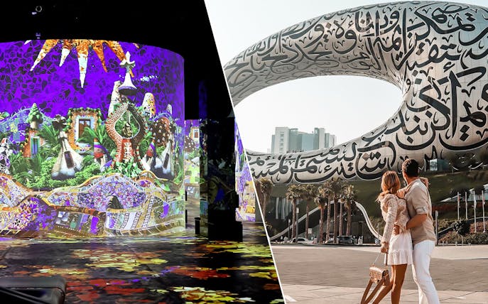 Infinity des Lumières digital art display and Museum of The Future exterior in Dubai.