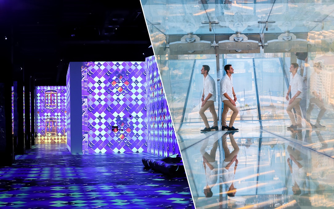 Infinity des Lumières digital art display and Sky Views Observatory glass walkway.