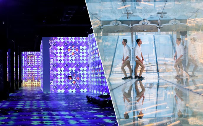 Infinity des Lumières digital art display and Sky Views Observatory glass walkway.