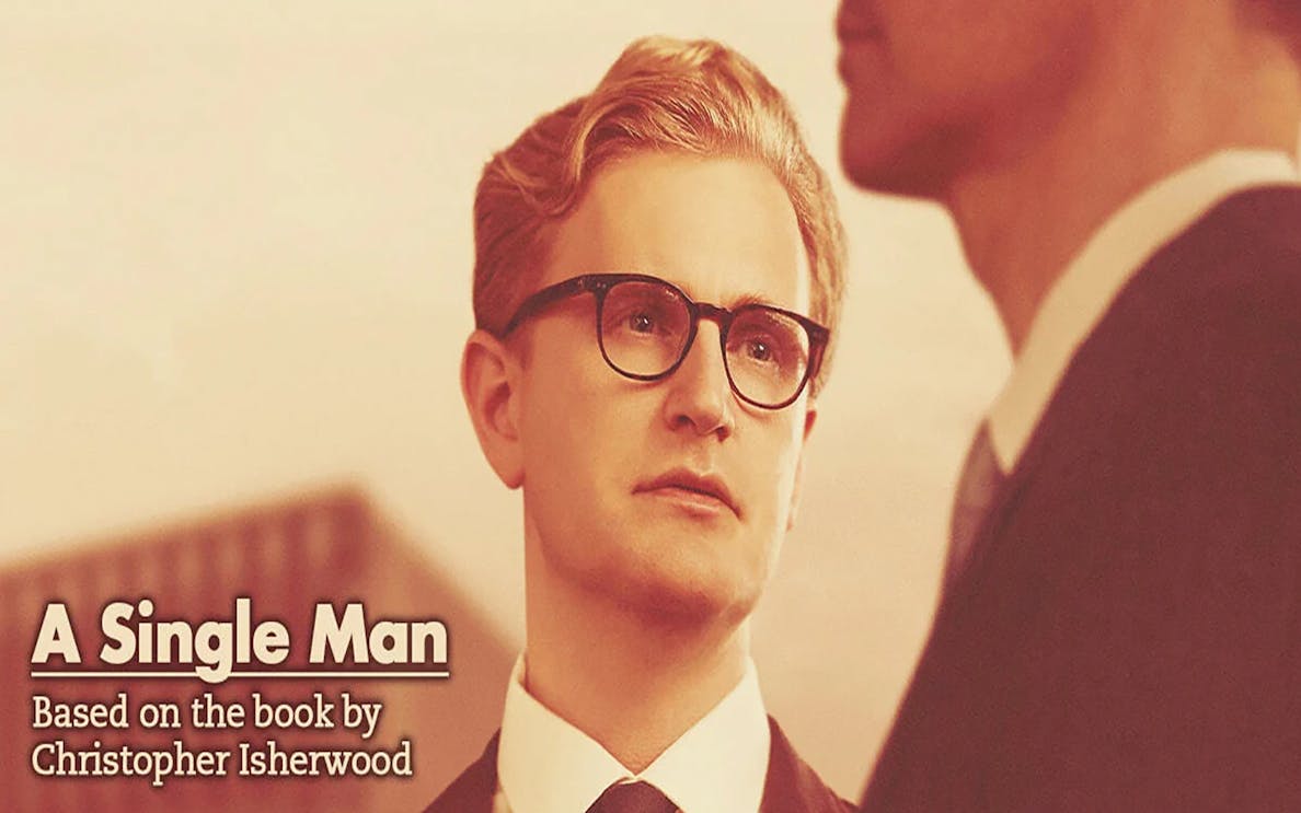Man in glasses looking at another person, text reads "A Single Man" based on Christopher Isherwood's book.