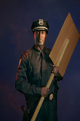 Police officer holding a cardboard sign for the opera "Blue" by Jeanine Tesori, ENO, April-May 2023.