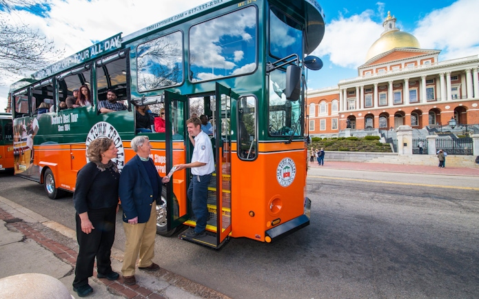 Boston Old Town Trolley Tour in front of Massachusetts State House.