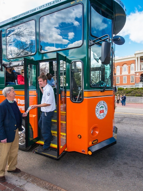 Boston Old Town Trolley Tour in front of Massachusetts State House.