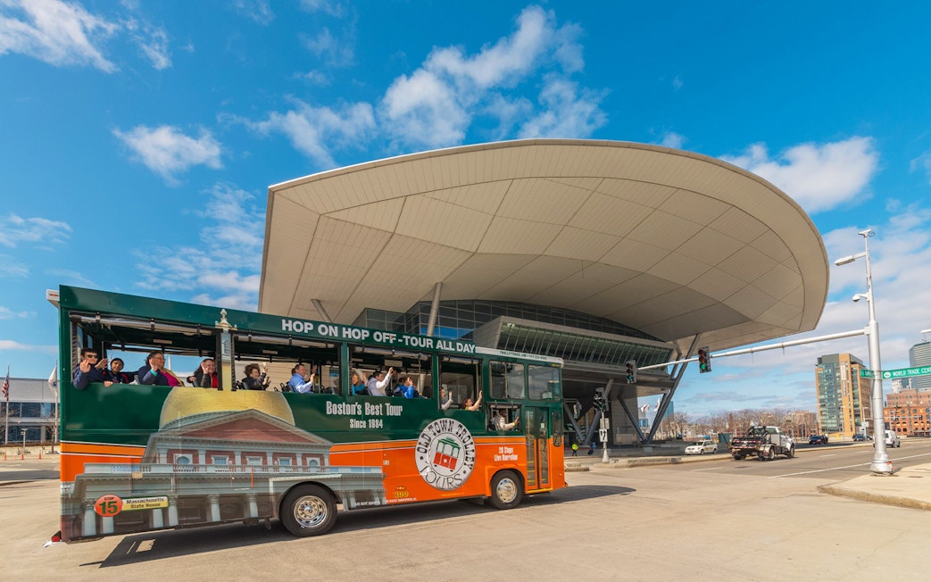 Boston Old Town Trolley passing the World Trade Center building.