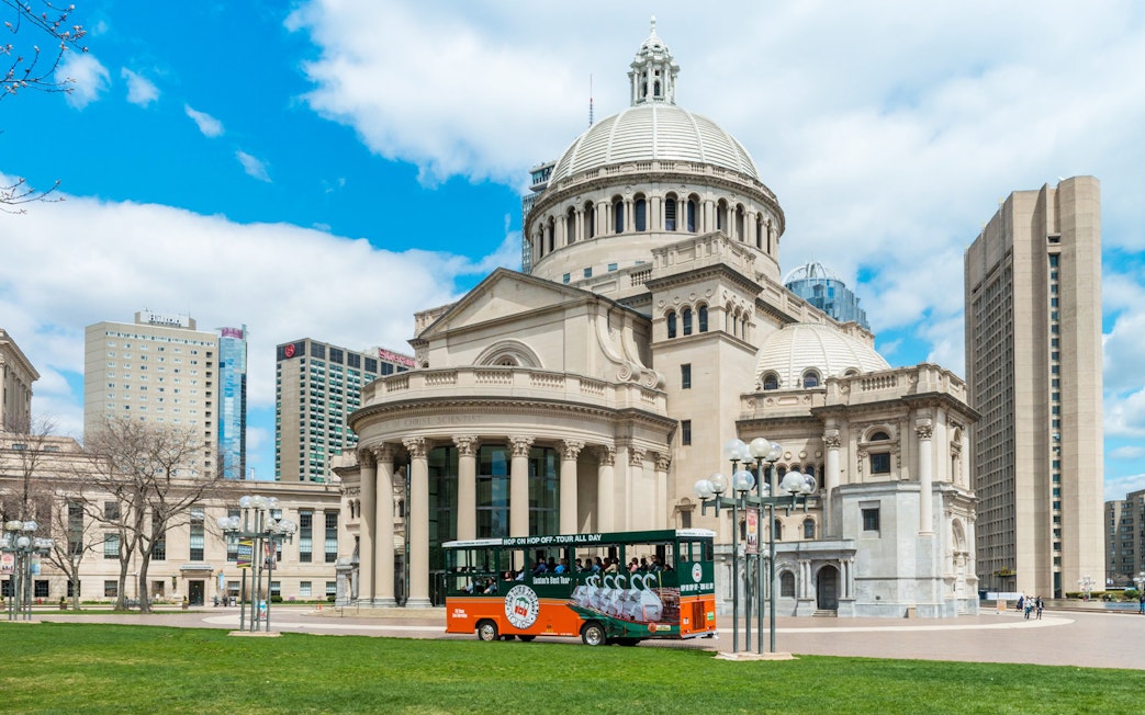 Boston Old Town Trolley in front of the Christian Science Plaza.