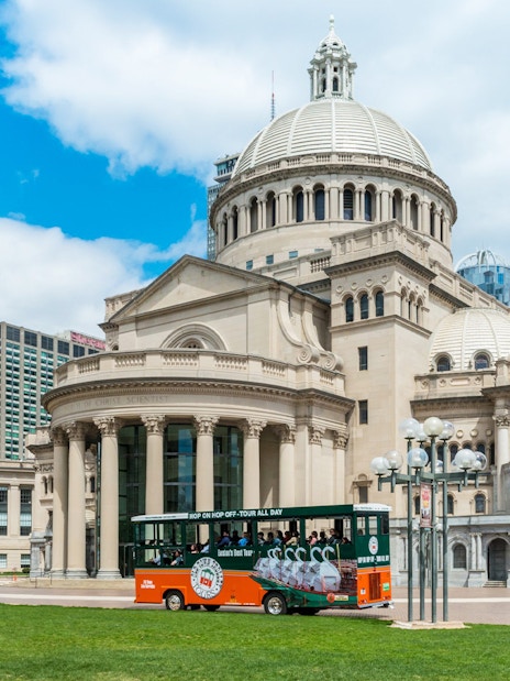 Boston Old Town Trolley in front of the Christian Science Plaza.