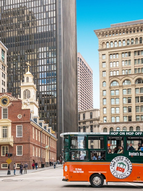 Old Town Trolley passing by the Old State House in Boston.