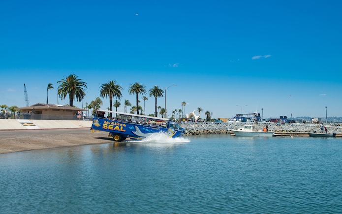 Amphibious vehicle entering water on San Diego SEAL Tour with palm trees in background.