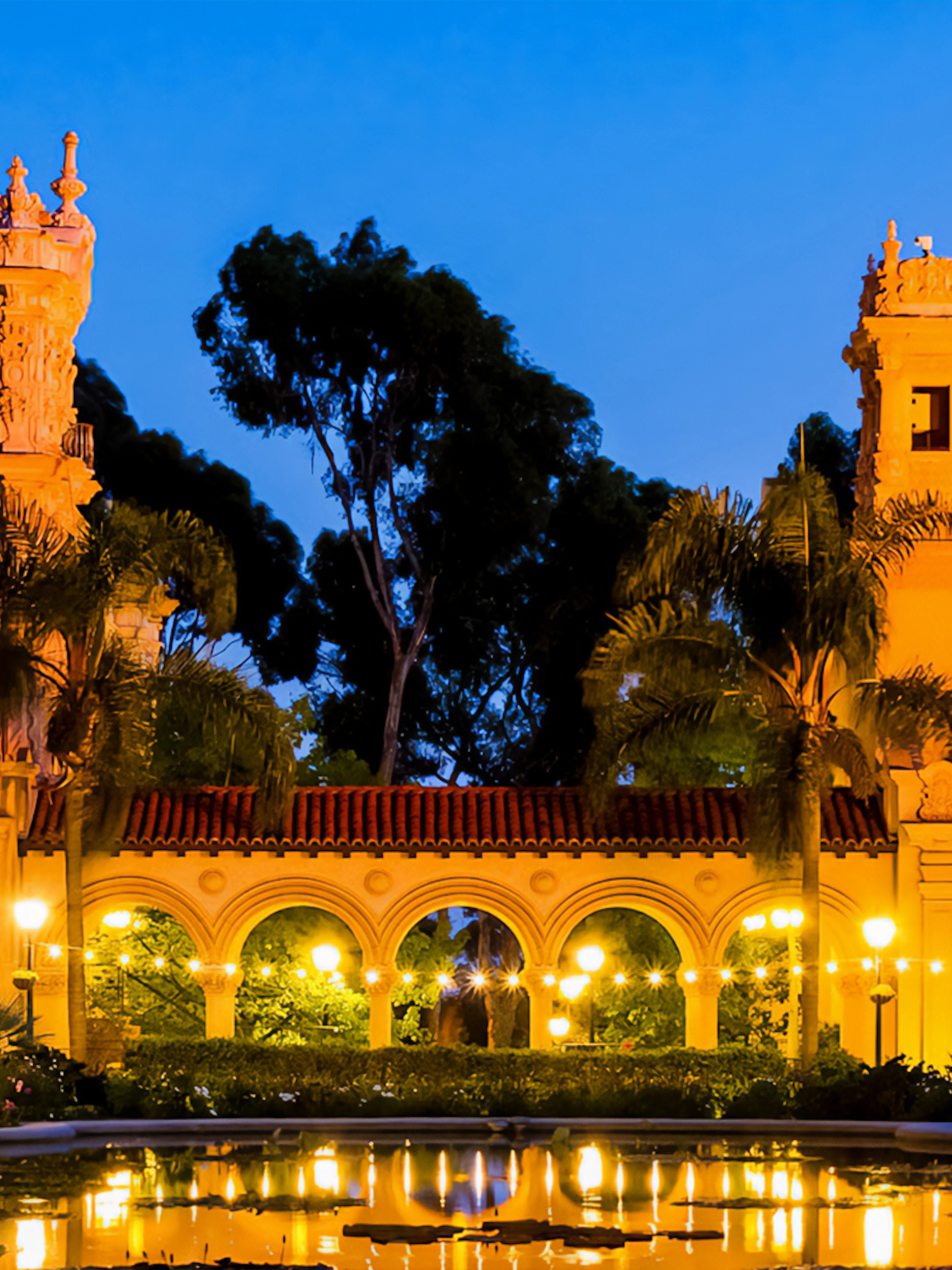 Balboa Park architecture illuminated at night, San Diego City Lights Night Tour.