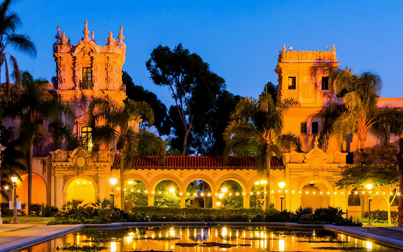 Balboa Park architecture illuminated at night, San Diego City Lights Night Tour.