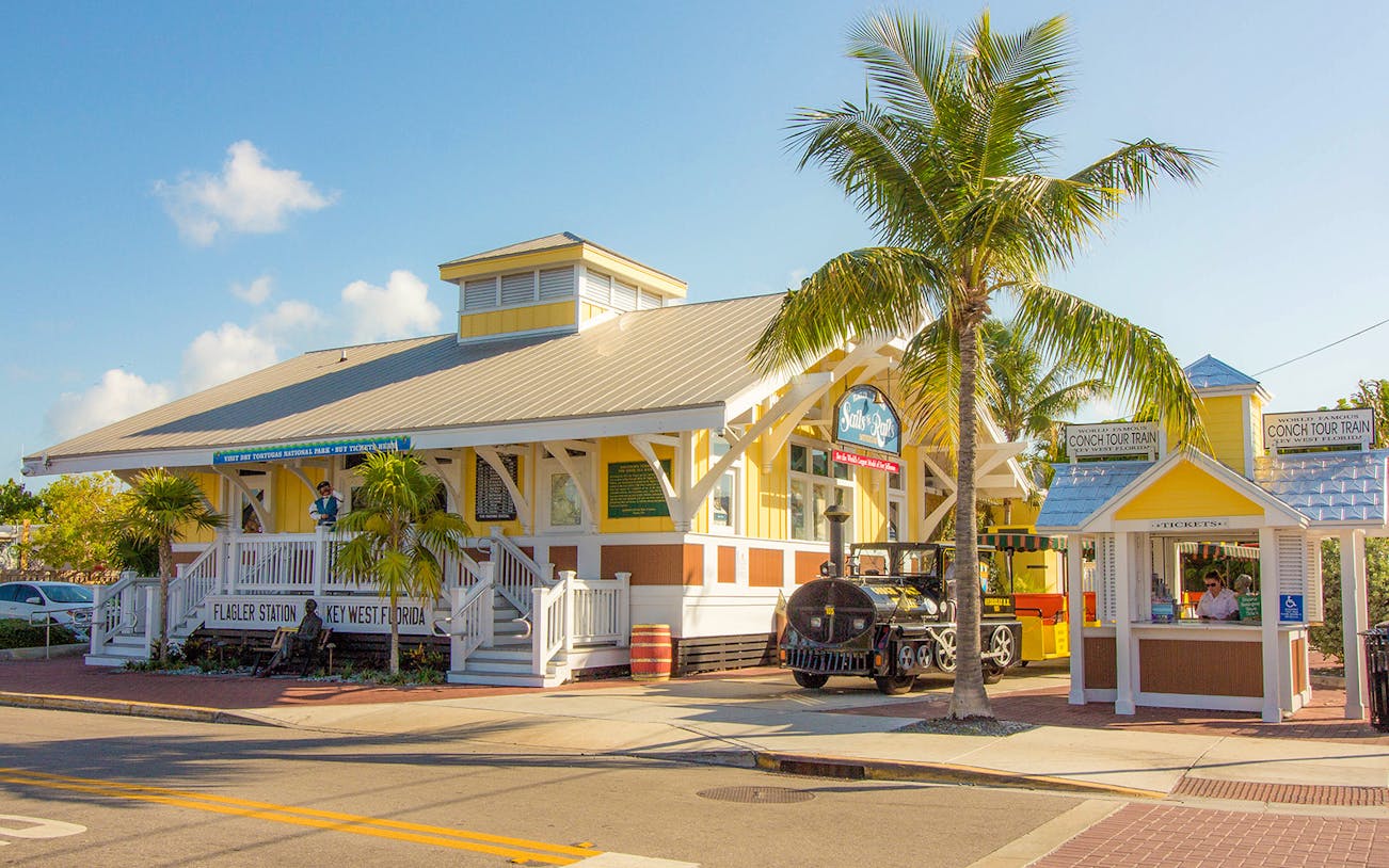 Key West Sails to Rails Museum entrance with vintage train display.