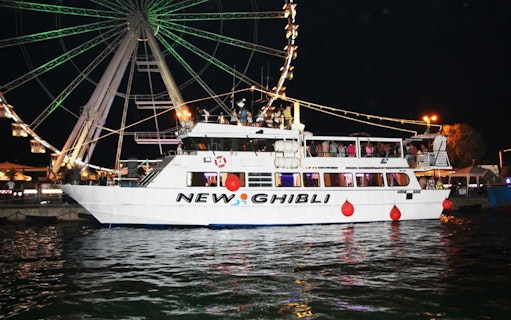 Boat tour at night near Ferris wheel on Riviera Romagnola.