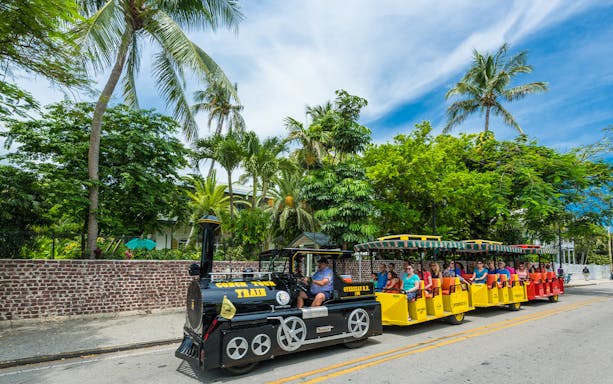 Guided Conch Tour Train with passengers in Key West, surrounded by palm trees.