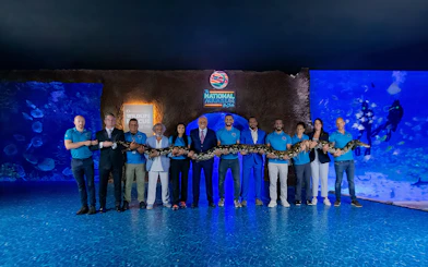 Group holding a large snake at National Aquarium Abu Dhabi, Bu Tinah Dhow Experience.