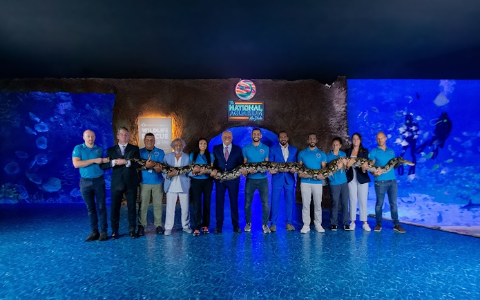 Group holding a large snake at National Aquarium Abu Dhabi, Bu Tinah Dhow Experience.