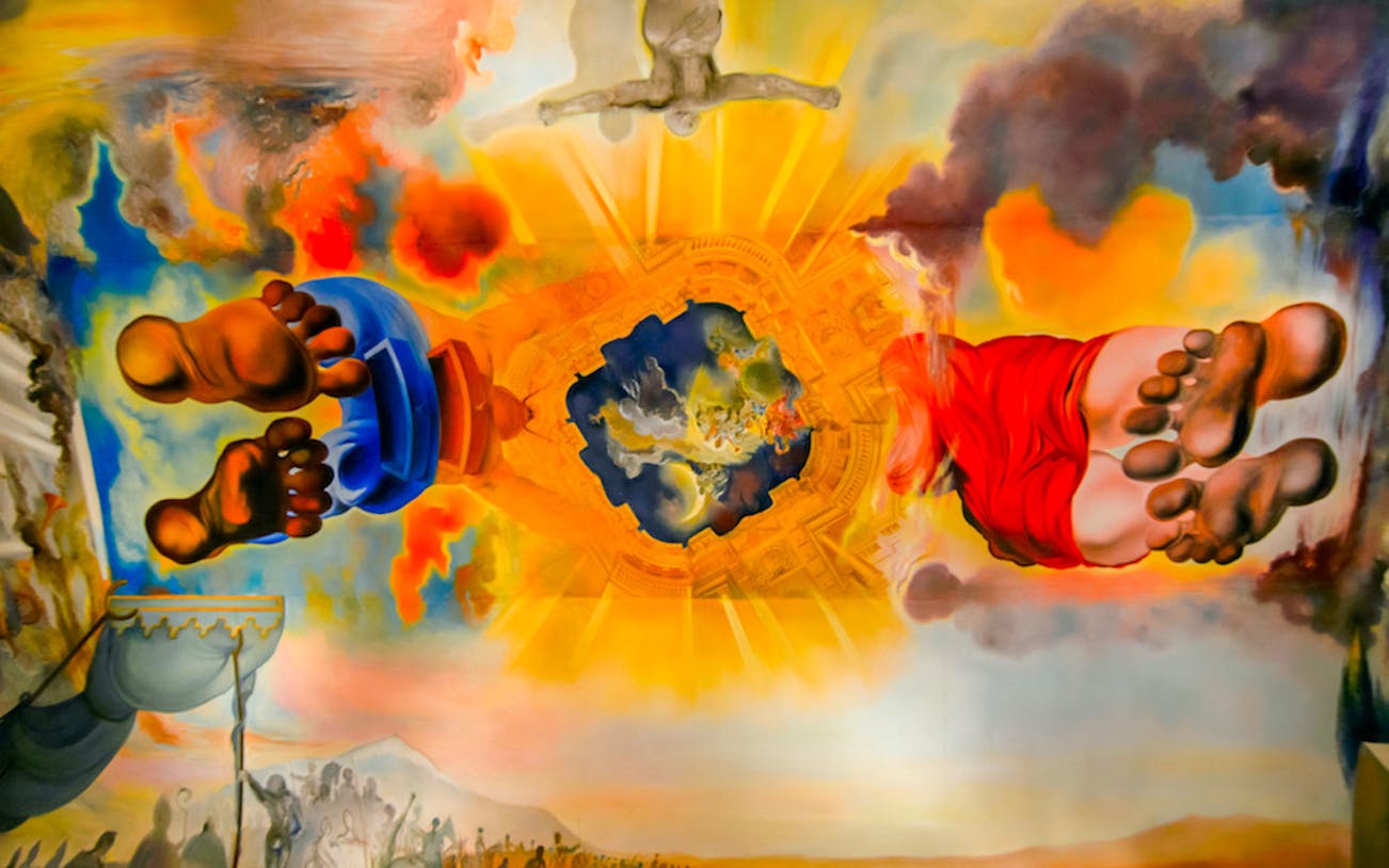Dalí Museum ceiling mural with vibrant colors and surreal figures.