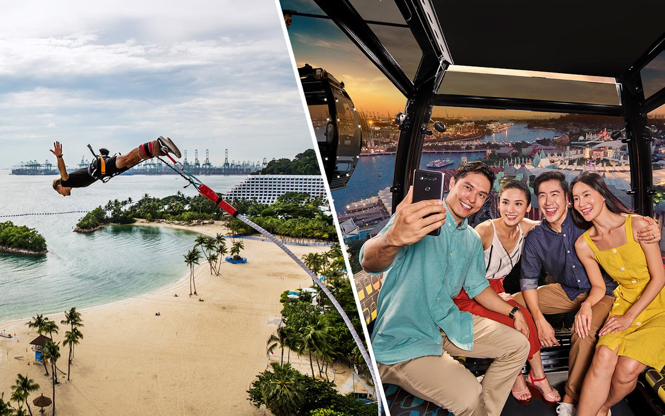 Bungy jumper over Sentosa beach and group taking selfie in Singapore cable car.